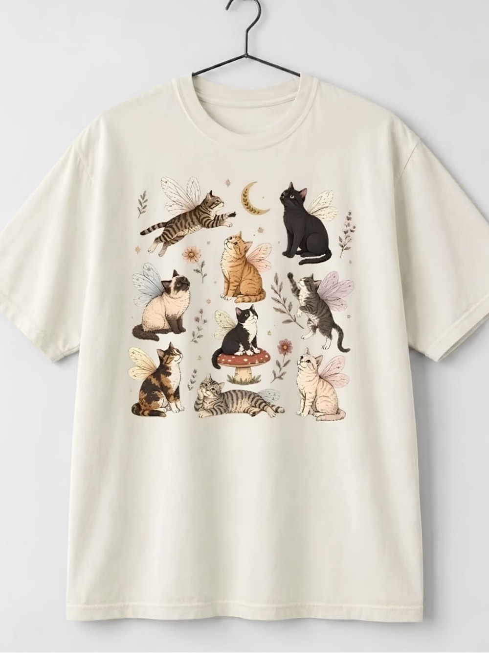 Cat Fairy Graphic T-Shirt in Cream - Vintage  Fairy illustration